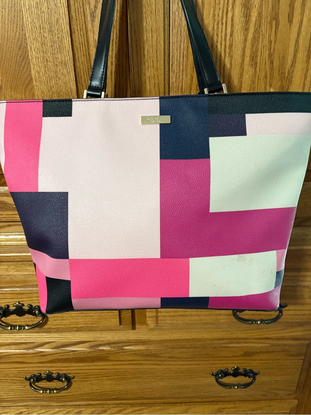 kate spade Pink, Navy & Cream Geometric Shoulder Tote w/Match Wallet & Wristlet